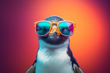Funny penguin wearing sunglasses in studio with a colorful and bright background