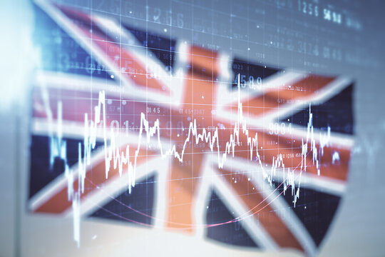 Multi exposure of virtual abstract financial graph interface on British flag and sunset sky background, financial and trading concept - Powered by Adobe