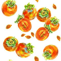 Pattern of persimmon orange fruit with leaves. Watercolor hand-drawn elements. Isolated on white background. Delicious fruit clip-art illustration. Used on labels, napkins, towels, tableware, package