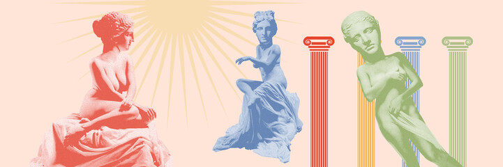 Tender female body with antique statue head over light background. Femininity, beauty as it is. Contemporary artwork. Concept of creativity, aesthetics, inspiration, template for ad, postcard, banner