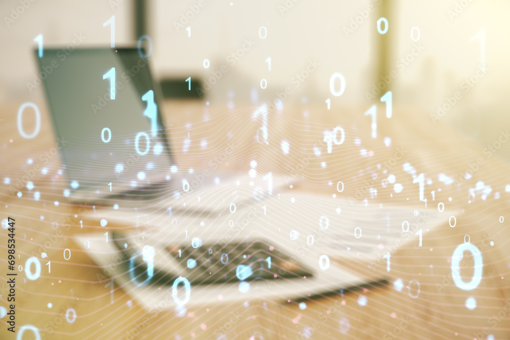 Leinwandbilder abstract virtual binary code hologram on blurry calculator and computer background, ai and machine l