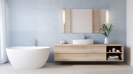 Fototapeta na wymiar Modern minimalist bathroom interior with wooden furniture. Light blue wall, hanging cabinet with countertop sink, towels and bathroom accessories, freestanding bathtub, indoor plant.