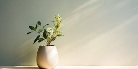 Light summer green background with a vase and a green plant on the table. Bright sunlight and shadows from the foliage.