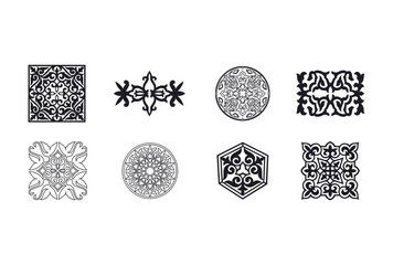 Set of 8 islamic black ornaments on background in vector. Asian new year gold decorative traditional oriental symbols. Circular ornamental arabic symbols. Abstract Asian elements of the Kazakhs