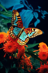 The vibrant colors and intricate patterns of a butterfly resting on a flower, the scene captured in vivid detail