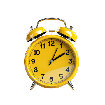 Isolated classic twin-bell yellow alarm clock on cut out PNG transparent background