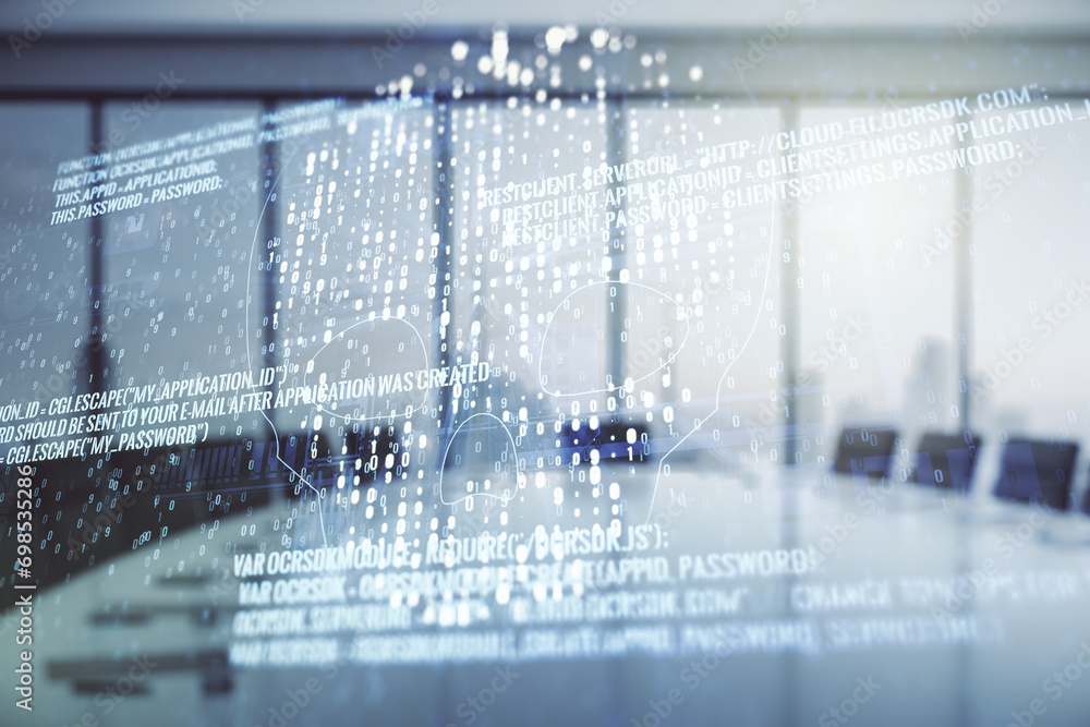 Poster abstract virtual code skull illustration on a modern conference room background. hacking and phishin