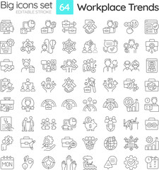 2D editable black big thin line icons set representing workplace trends, isolated simple vector, linear illustration.