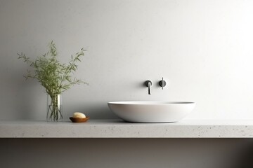 Fragment of minimalist bathroom with white wall, Terrazzo stone countertop, white sink, wall mounted faucet, elegant vase and soap.