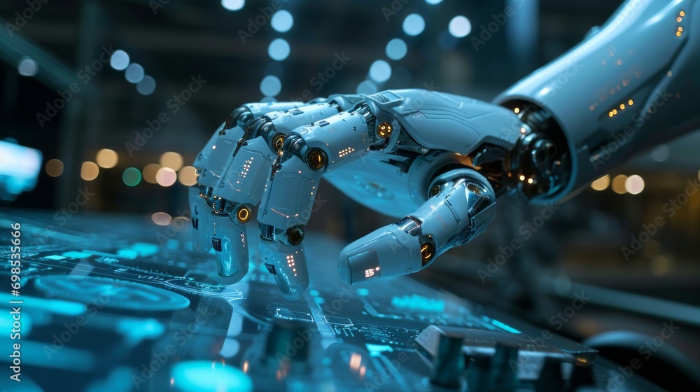 Poster close-up of android robot's hand controlled by ai electronic impulses in futuristic science lab. art
