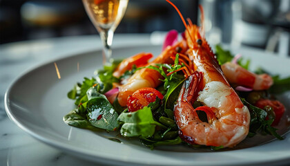 Grilled shrimps with greens on restaurant plate. Fresh shrimp on white plate and fresh vegetables, cooked shrimps prawns and seafood spicy chili sauce coriander, cooking shrimp salad lemon lime - obrazy, fototapety, plakaty