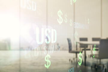 Virtual USD symbols illustration on a modern conference room background. Trading and currency...