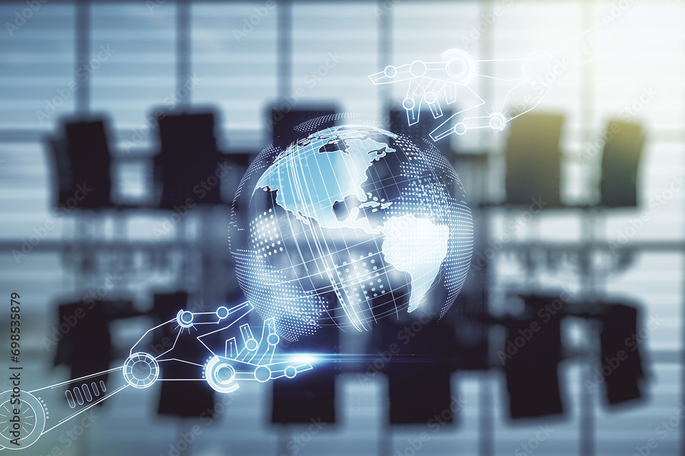 Aufkleber double exposure of abstract virtual robotics technology with world map hologram on a modern meeting 