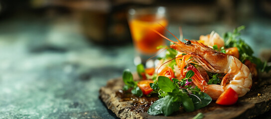 Grilled shrimps with greens on restaurant plate. Fresh shrimp on white plate and fresh vegetables, cooked shrimps prawns and seafood spicy chili sauce coriander, cooking shrimp salad lemon lime - obrazy, fototapety, plakaty