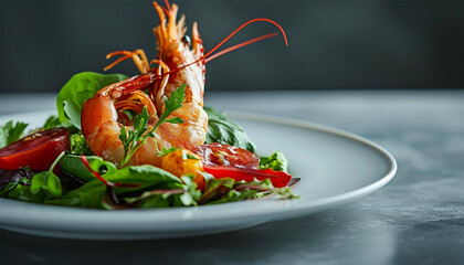 Grilled shrimps with greens on restaurant plate. Fresh shrimp on white plate and fresh vegetables, cooked shrimps prawns and seafood spicy chili sauce coriander, cooking shrimp salad lemon lime
