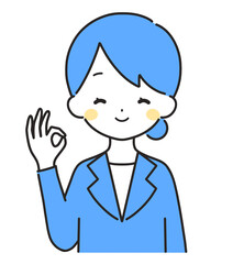 青色｜OKマークのスーツの女性｜上半身