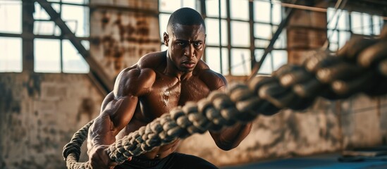 Photo of a fit man with a bare chest, exercising with a battle rope, showcasing strength and motivation. - obrazy, fototapety, plakaty
