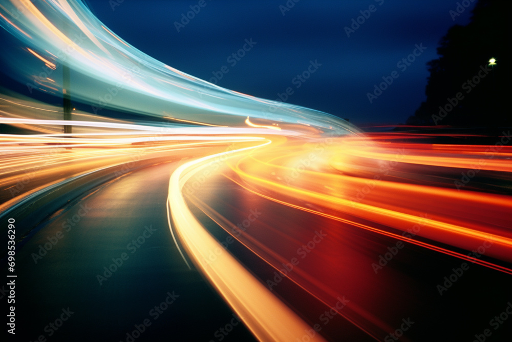 Fototapete Long-exposure capture of light trails created by moving sources, such as vehicles or illuminated objects, resulting in dynamic and mesmerizing patterns.