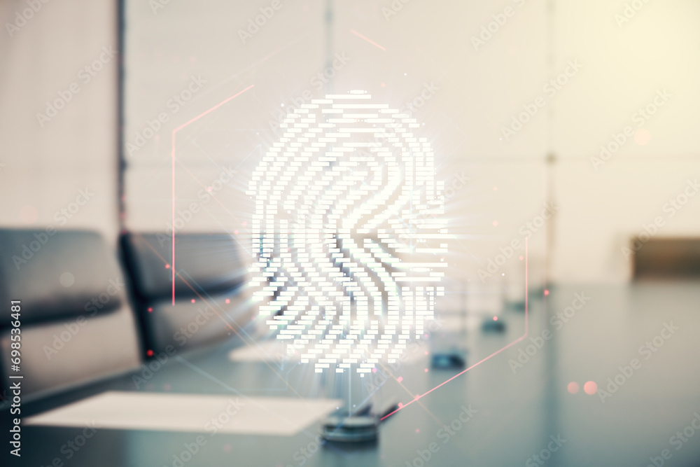 Poster multi exposure of virtual fingerprint scan interface on a modern furnished office interior backgroun