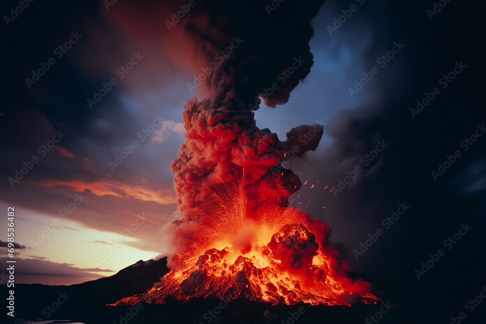 Poster a photograph capturing the explosive power of a volcanic eruption, with molten lava spewing into the