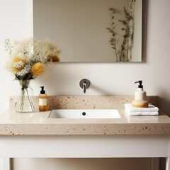 Fragment of minimalist bathroom with white wall, Terrazzo stone countertop, white sink, wall mounted faucet, elegant vase and liquid soap dispenser.
