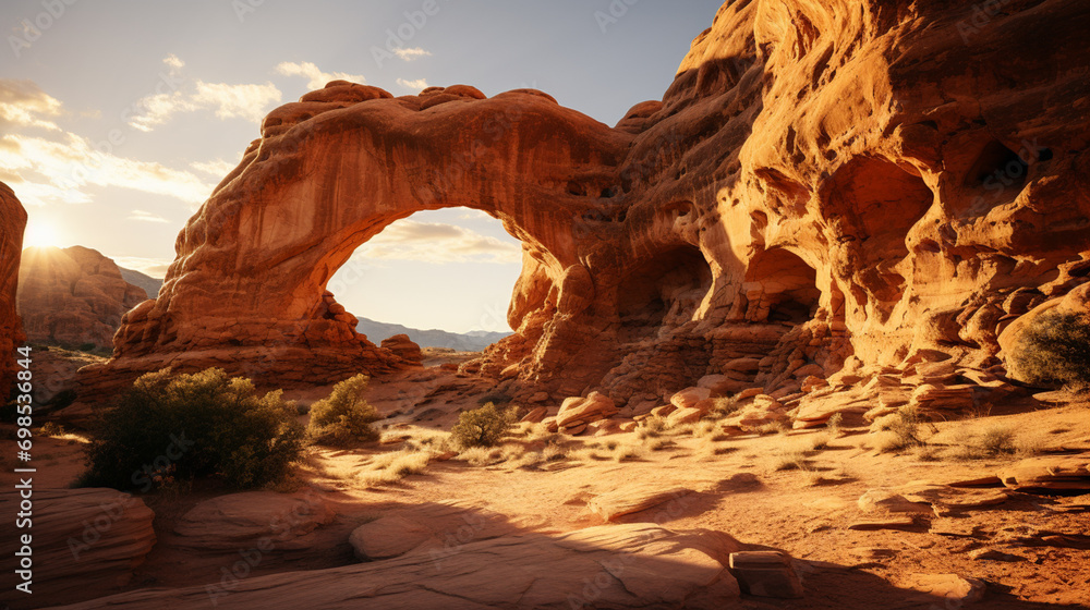 Poster iconic sandstone arch illuminated by the warm light of the setting sun, creating a breathtaking natu