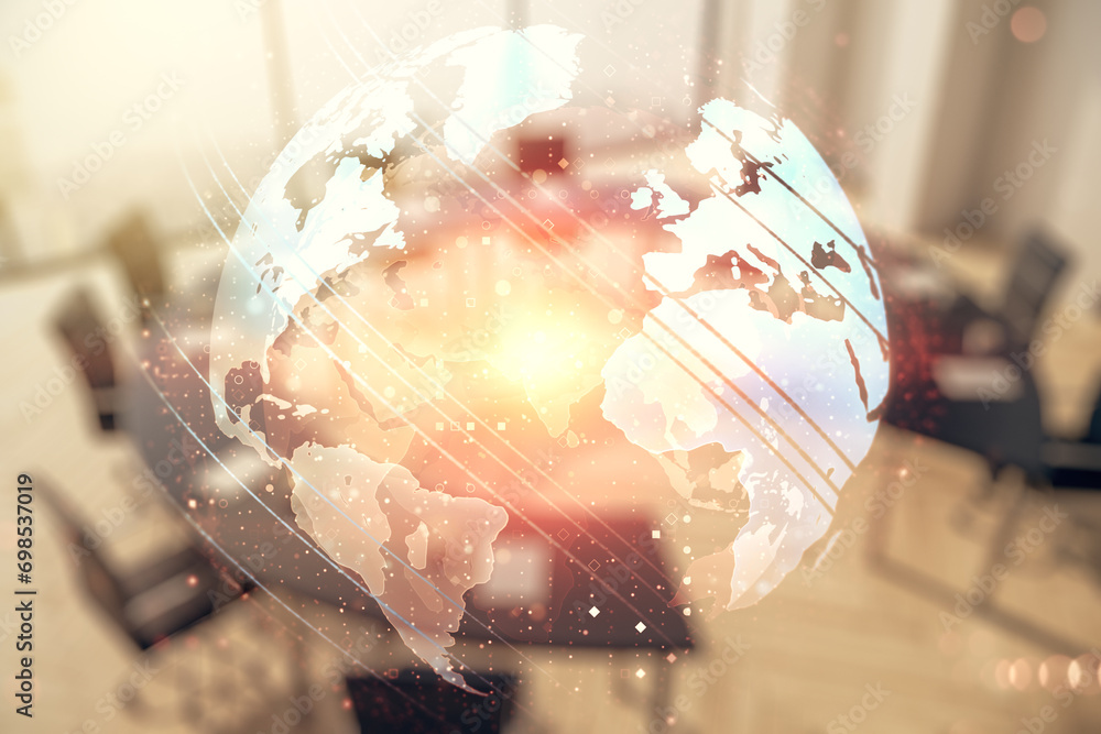 Poster double exposure of abstract digital world map hologram on a modern boardroom background, big data an