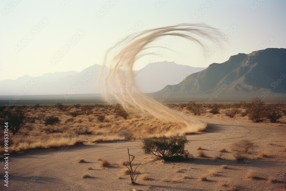 Poster spiraling dust devil in a desert landscape, illustrating the dynamic and ephemeral nature of these s