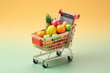 Shopping cart with grocery, fruits and vegetables on yellow to green gradient background. Food market online ordering and delivery concept. 3D illustration.