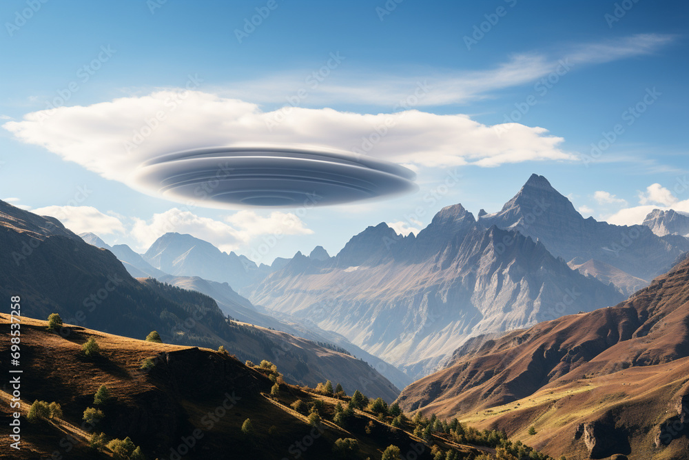 Poster lenticular cloud formation over mountain peaks, creating a striking and surreal atmospheric display.