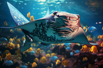 Underwater photograph capturing the graceful movement of manta rays, creating a balletic and elegant scene in the ocean depths. - obrazy, fototapety, plakaty