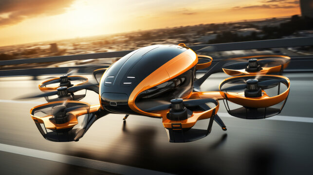 Futuristic orange passenger drone takes off from an airstrip near a modern city. Electric Vertical Take Off and Landing E-VTOL Aircraft used in urban passenger transportation.