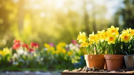 Beautiful flowers in pots outside in the garden - obrazy, fototapety, plakaty