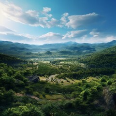 Fototapeta na wymiar Bird's-eye panoramic shot of a spacious forest landscape from a hill