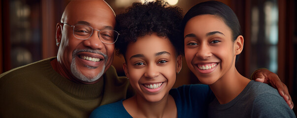 An black senior man dressed green sweater in glasses, a two young girl, smile in a close-up family portrait, with a room.A family atmosphere of coziness. close family ties