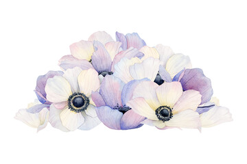 Pile of pastel purple violet and white anemone flowers and petals watercolor illustration isolated on white background. Wedding 2024 celebration designs, elegant backdrop with floral botanical drawing