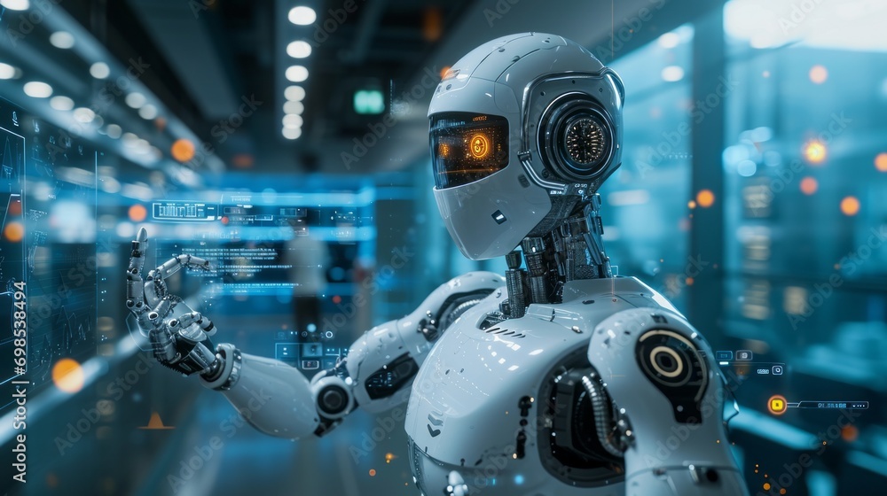 Poster imaginary illustration of android robot in front of touch screen in futuristic science lab. artifici