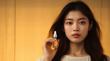 Close up young Asian woman with clean radiant skin holding a moisturizing serum on a beige background. Spa care, facial skin care, beauty cosmetology.
