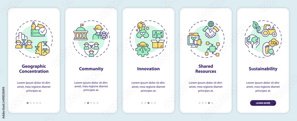 Poster 2d icons representing characteristics of agri-food clusters mobile app screen set. walkthrough 5 ste