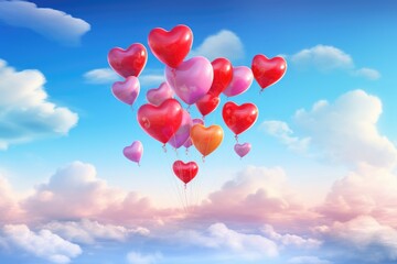 Valentine's day background with heart-shaped balloons in the sky, A cluster of vivid love heart balloons floating in sky, AI Generated