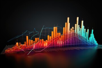3d illustration of financial graph over dark background with light effects, A colorful 3D line graph indicating a rise in stock market, AI Generated