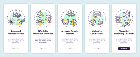 2D icons representing benefits of collective marketing in agri-food clusters mobile app screen set. Walkthrough 5 steps multicolor graphic instructions with line icons concept, UI, UX, GUI template.