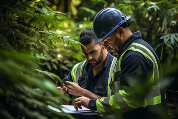 Environmental engineers working together in forest