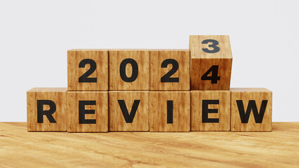 2023 and 2024 Annual review, business and customer review. Learning, improvement, planning and development concept. Wooden cubes flips from 2023 Review to 2024 Review. 3d illustration - obrazy, fototapety, plakaty