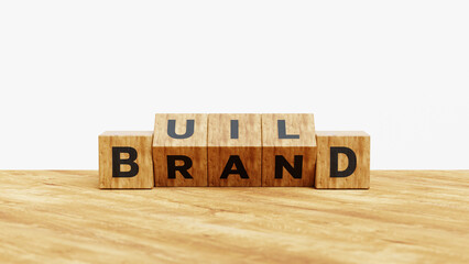 Build your Brand. Brand building, success, business, vision, target, goals concept. Build Brand flips on wooden cubes. 3d illustration