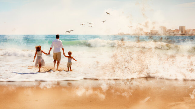 A family of a father mother and children walking on the beach, the drawing is made in the style of watercolor painting. Walking along the sea summer coast. Family vacations abroad. Travel