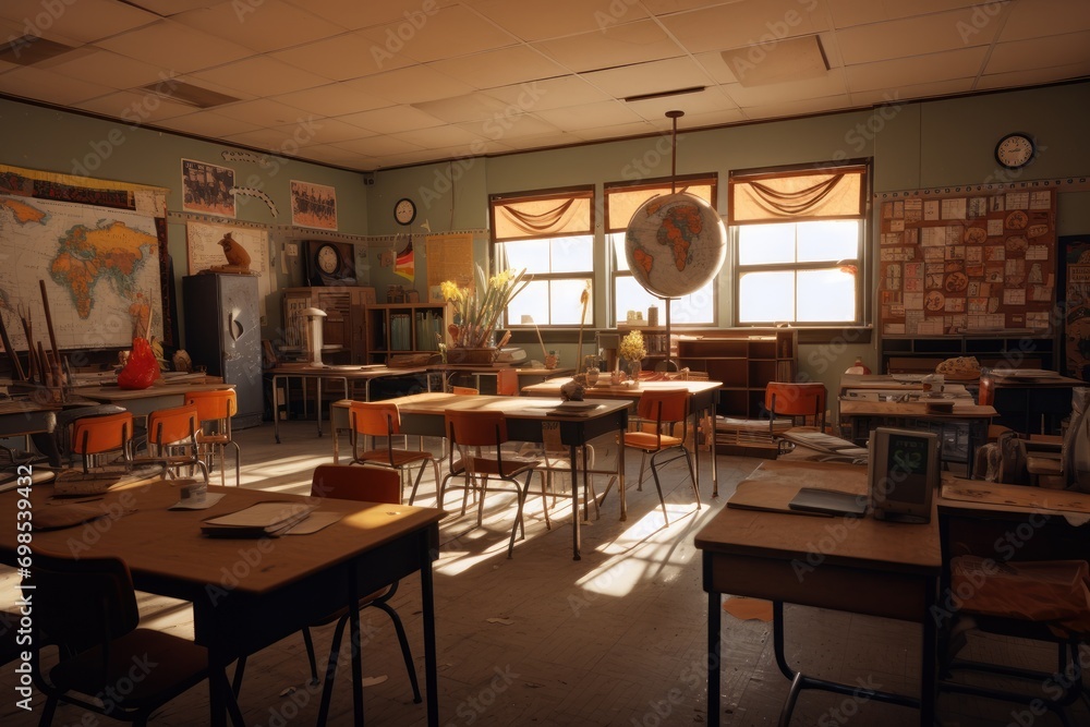 Aufkleber old school classroom with tables, chairs and other objects in it, a comparison of past and present c