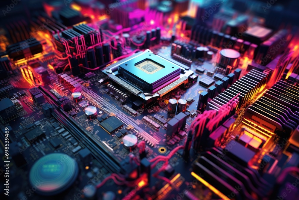 Poster close-up of electronic circuit board with processor. 3d rendering, a computer motherboard with brigh