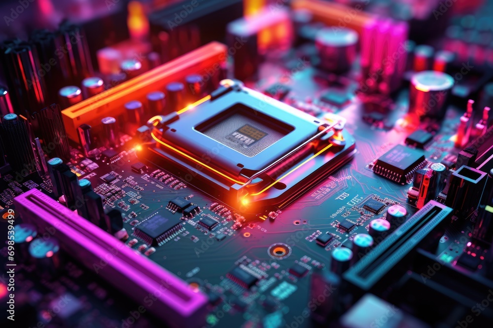 Poster circuit board closeup with processor and microchips. 3d rendering, a computer motherboard with brigh