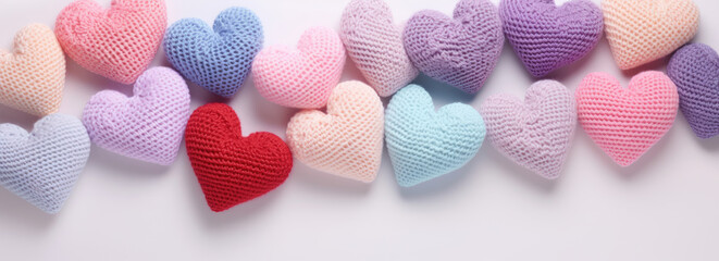Knitted hearts in pastel colors